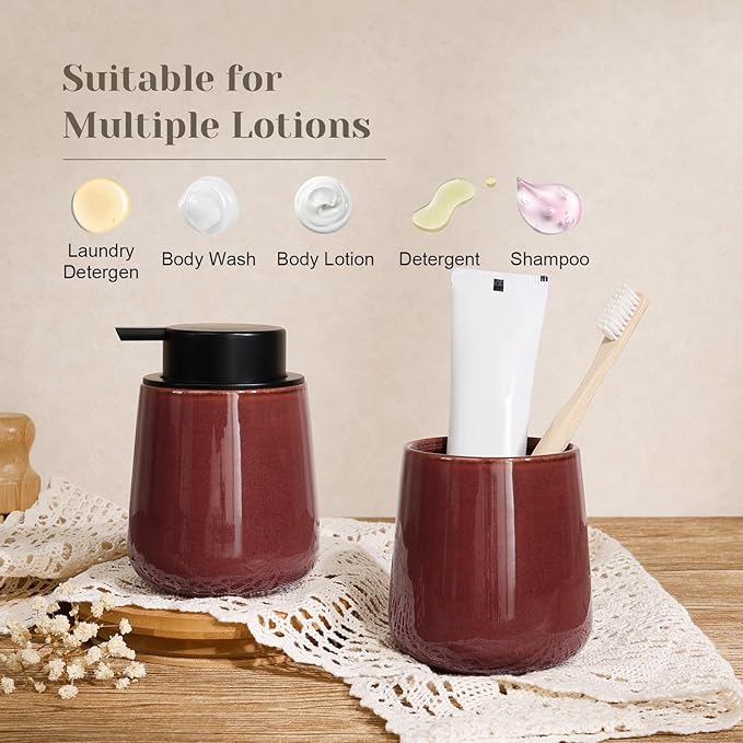 INGOFIN Ceramic Lotion Dispenser - 12 oz Refillable Hand Soap Dispenser Bathroom, Modern Liquid Soap Dispenser with Pump, Dish Dispenser for Kitchen,Kiln-Glazed Red Brown