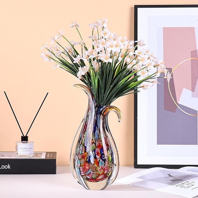 Hand Blown Glass Vase for Centerpiece, Murano Style Table Decoration, Red Blown Art Glass Ellipse Flower Vase, Single Stem Beautiful Decor for Home, Beachy Room Decor for Home Shelf