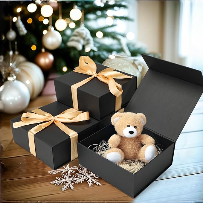 Ditwis 4 Pack 7.8x7x3.1 Inches Gift Boxes with Magnetic Closure Lids, Black Magnetic Box for Wedding, Groomsmen Bridesmaid Proposal, Birthdays, Mother's Day