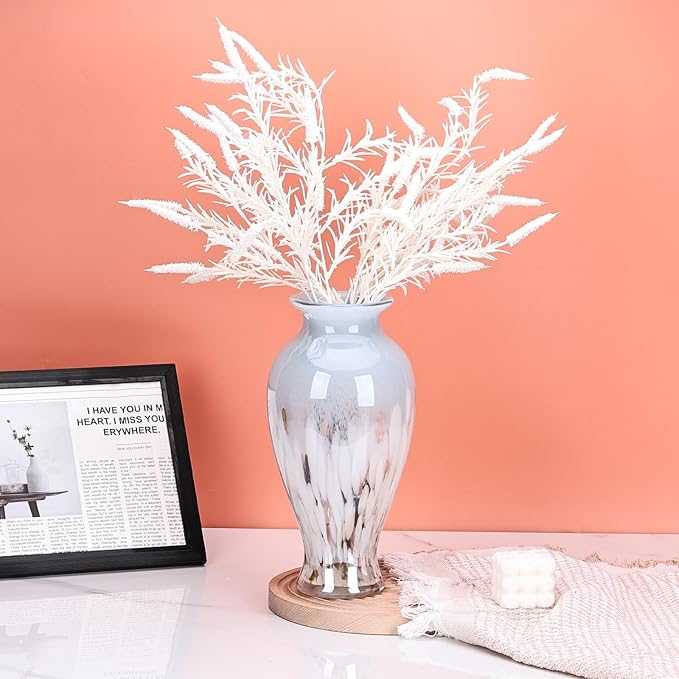 Hand Blown Glass Vase 11.8" Tall Beautiful Blue White Sea Wide Mouth Bud Vase for Table Centerpiece, Painted Colorful Murano Glass Flower Vases for - Home Entrance Wedding Center