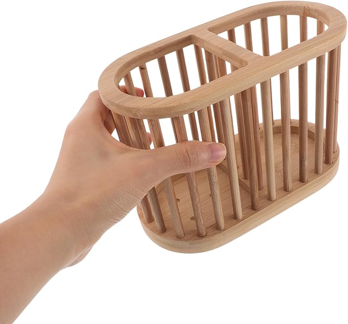 NUOBESTY Utensil Holder For Countertop: Wooden Crock For Kitchen Tools And Cooking - Dish Drying Rack Countertop Organizer - Kitchen Drainage Basket