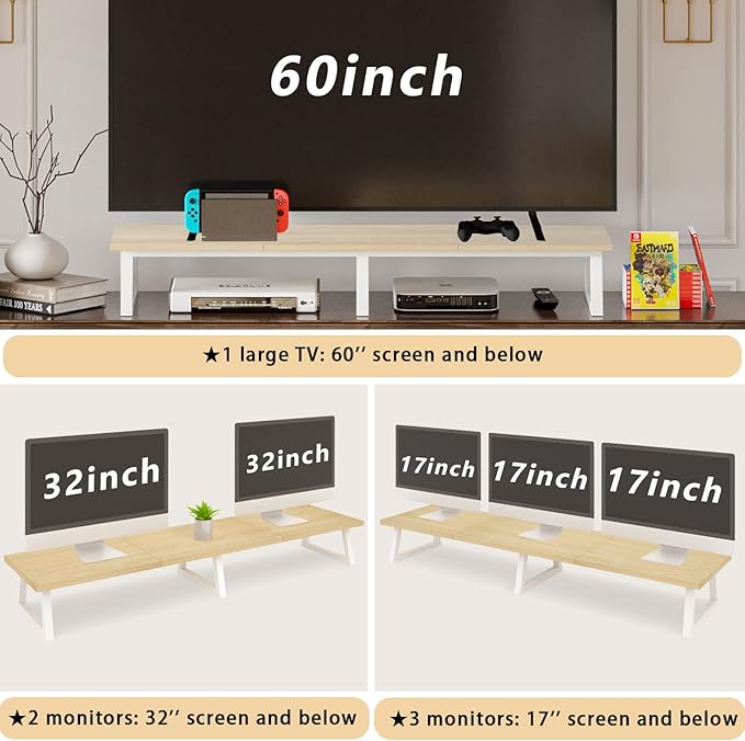 TEAMIX Large Dual Monitor Riser - Wood & Steel Desk Organization - Maple, 42 inch