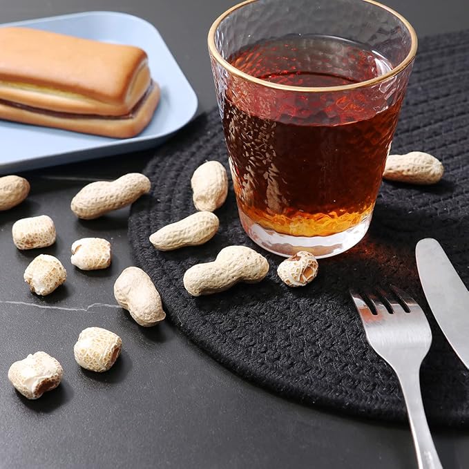 4 Pack Oval Woven Placemats and Set of 4 Round Fabric Coasters, Heat-Resistant Non-Slip Tablemats Woven Washable Charger Plates for Table Decoration (Black)