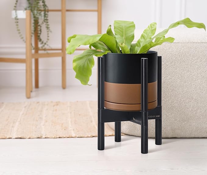 D'vine Dev Ceramic Planter with Ebony Stand - 8 Inch Modern Round Flower Pot with Wood Planter Holder, Black/Speckled Tan, 55-B-M-7