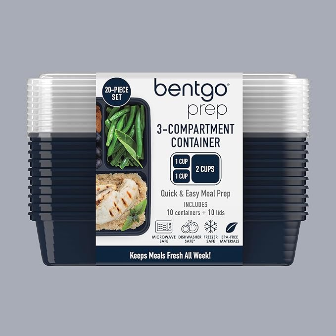 Bentgo Prep - 20-Piece 3-Compartment Reusable Meal Prep Containers with Lids, PFAS & BPA Free Materials, Durable, Microwave, Freezer, & Dishwasher Safe To Go Food Storage (Navy Blue)