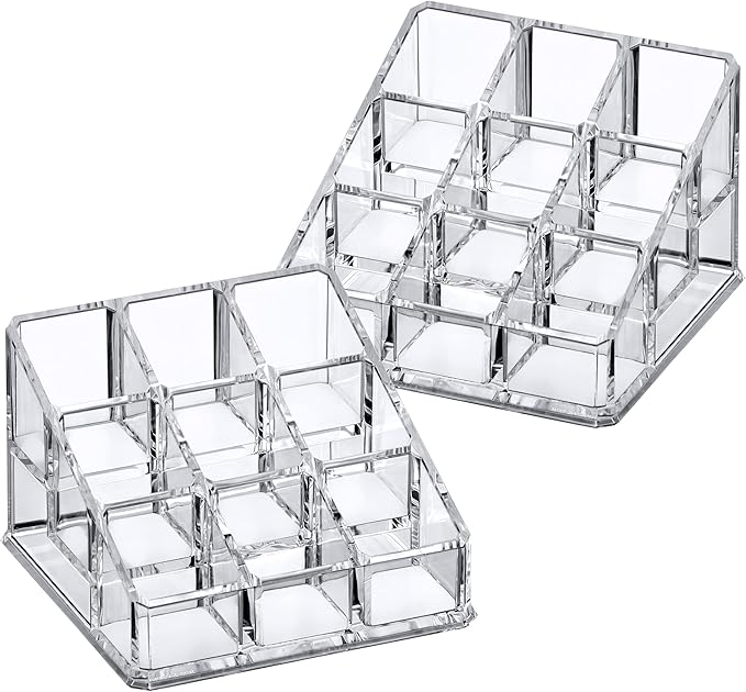 Amazing Abby - Glamour - 2-Pack 9-Slot Acrylic Nail Polish Organizer, Lipstick Holder, Lip Gloss Organizer, Cosmetic Storage Display, Perfect Storage Solution for Drawer, Vanity, Bathroom, and More