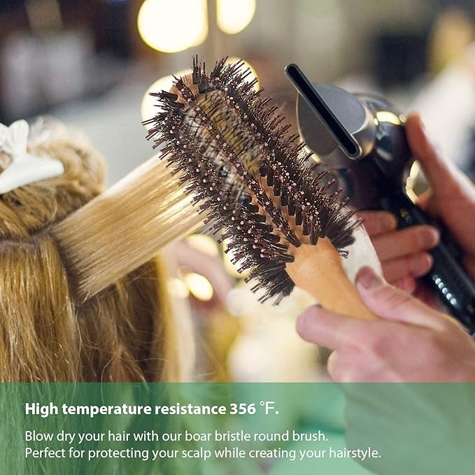 Vista Round Brush Bamboo with Pin Tail Comb Natural Boar Bristle Hair Brush Round for Blow Drying for Women Hairbrush for Wet or Dry Hair Detangling Smoothing Massaging
