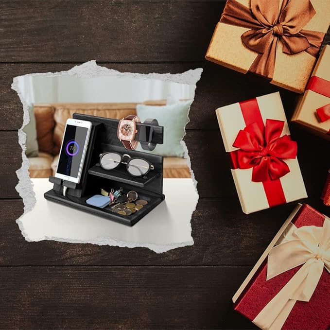 Gifts for Men Bedside Organiser Wood Phone Docking Station Dad Birthday Gifts for Him Nightstand Key Wallet Watch Stand Mens Gifts for Xmas Presents for Dad Husband Boyfriend Anniversary & Christmas