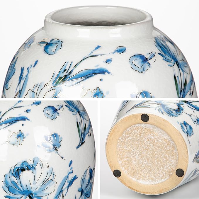 Ceramic Vintage Flower Vase, 9.8 Inch White and Blue Rustic Vases for Home Decor, Handcrafted Farmhouse Tall Vases for Living Room, Table, Bathroom, Chinoiserie Decoration
