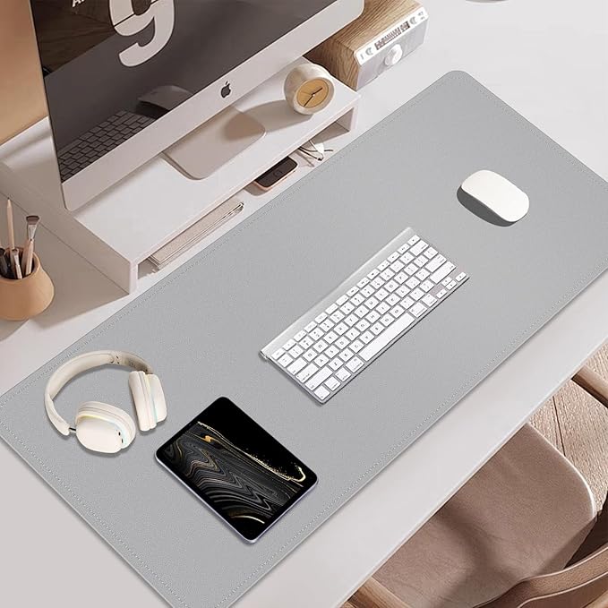 BLESWIN Large Desk Pad Mat 47.2"" x 17"", Office Desk Mat, Non-Slip PU Leather & Cork Desk Blotter for Keyboard and Mouse, Large Desk Mat, Large Mouse Pad for Office & Home(Light Grey)