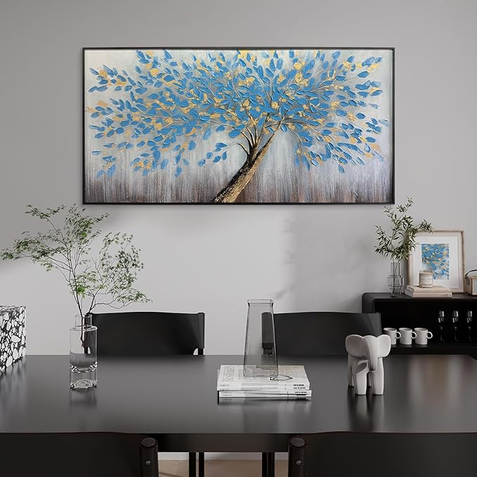 Blue Tree of Life Canvas Wall Art, Modern Abstract Textured Painting, Large Wall Art Framed Panoramic Landscape Artwork for Living Room, Bedroom, Office, Home Decor 48"x24"