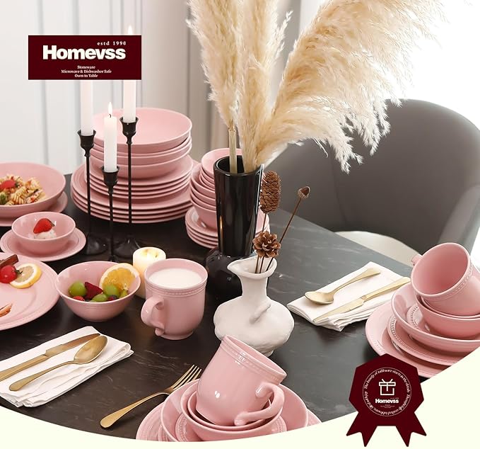 Pearl Dots Stoneware Dinnerware Set(16pc Set, Pink)