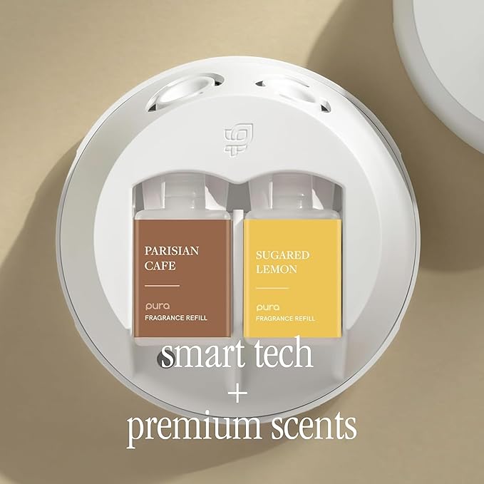 Pura - Smart Home Fragrance Device Starter Set - Pura 4 - Scent Diffuser for Home - Includes Fragrance Aroma Diffuser - Square Box, Parisian Cafe and Sugared Lemon Scent Refills