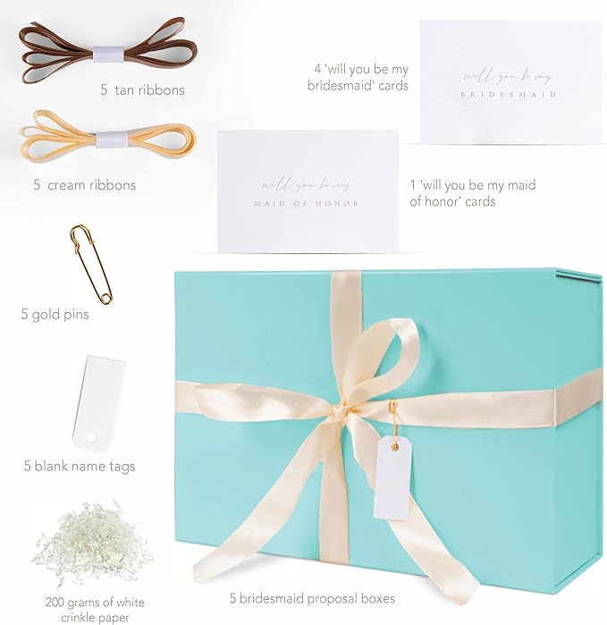 Gift Box Set - Bridesmaids Gifts for Wedding (5 Pack - Teal), All Occasions, Bridesmaid Proposal, Magnetic Boxes With Lids, Big Set For Bridal, 13.5 x 9 x 4.5 inches, Teal GiftBox