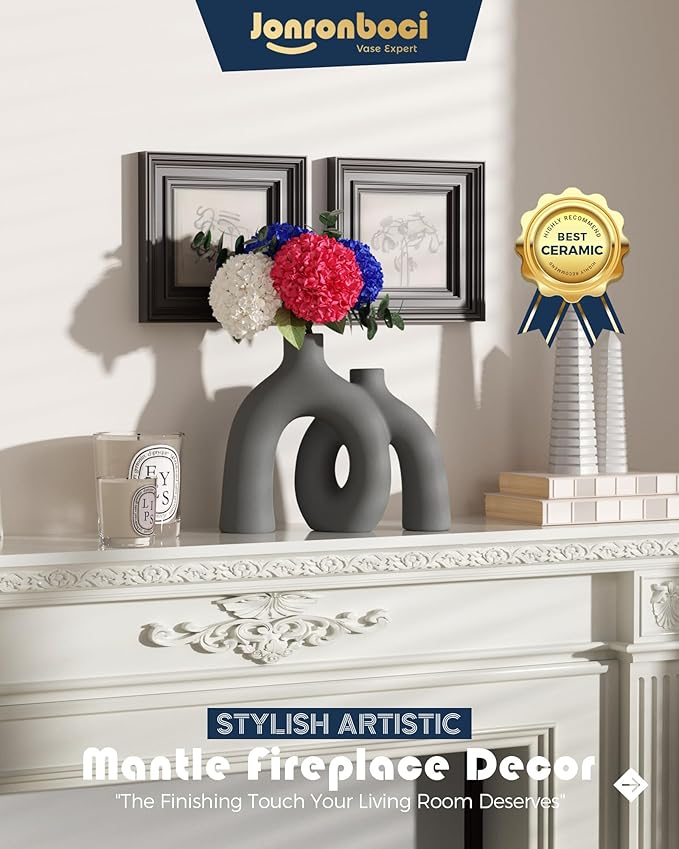 Hug Donut Decorative Vase Set - Dark Gray Modern Minimalism Industrial Style Vases Home Decor, Matte Ceramic Decorations for Living Room Shelf, Bookshelf Mantle Entryway Table or Console Décor(Gray)