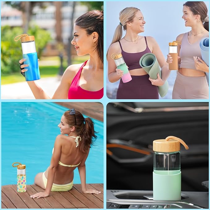 Tronco 24oz Glass Water Bottles with Bamboo Lid & Silicone Sleeve, Leak Proof, BPA Free, Reusable Borosilicate Glass Bottles for Juicing, Smoothies, Juice & Water, for Men & Women Gym, Office, Travel