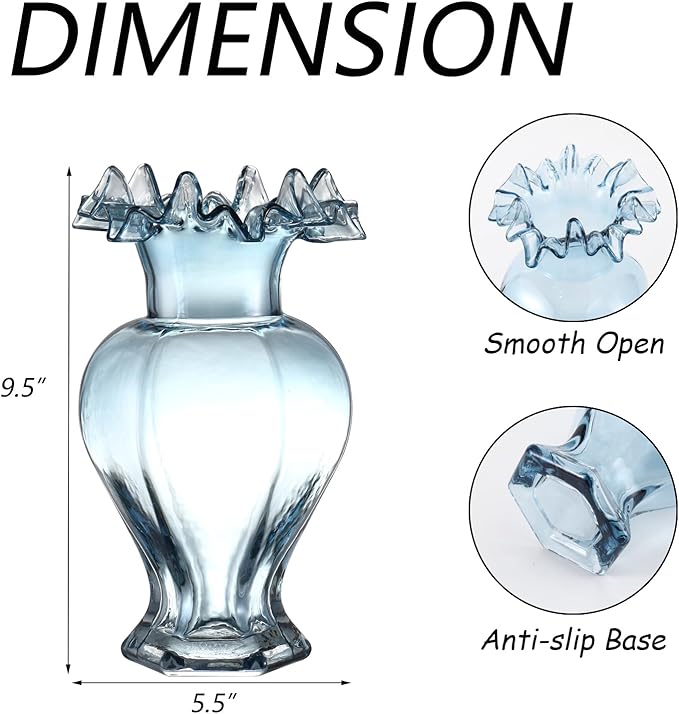 Large Glass Vase, Blue Vase for Flowers, Flower Vases for Bouquet, Glass Flower Vases for Living Room, Dining Table, Shelf, Wedding, Office, Coffee Table, 9.5 Inches