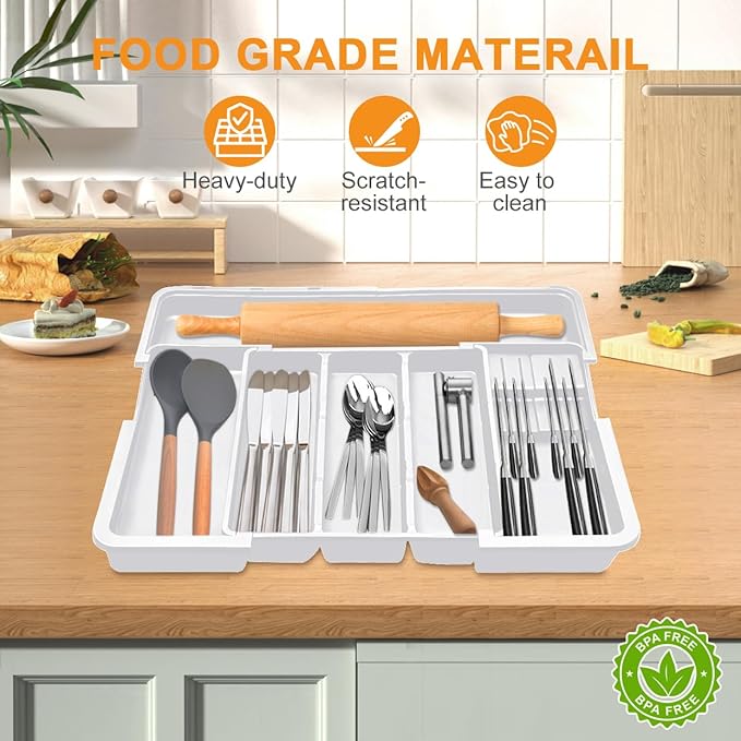 Kitchen Drawer Organizer Large Expandable Silverware Organizer, Utensil Holder and Flatware Tray, Kitchen Spatula Tools and Gadgets Storage with Removable Knife Blocks and 3 Dividers, White