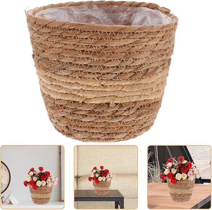 Zerodeko Flower Girl Basket Woven Plant Basket Seagrass Belly Rattan Flower Pot Wicker Planter Pen Pencil Holder Rustic Plant Pot Grocery for Laundry Picnic 18cm Home Decor