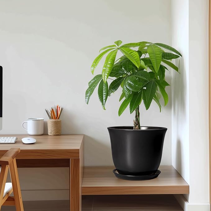 Ceramic Pots for Plants - 10 Inch Plant Pot with Drainage Hole and Tray, Large Round Planter for Indoor Outdoor, Morden Decorative Flower Pots, Living Room Decor, Gardening Gifts, Black