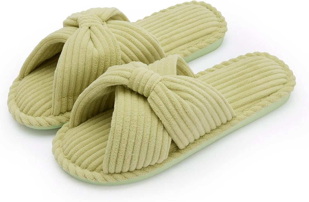 Chantomoo Slippers for Women Memory Foam House Womens Slipper Slides Home Bedroom Bathroom Spa Open Toe Corduroy Bow Slippers Cozy Comfortable