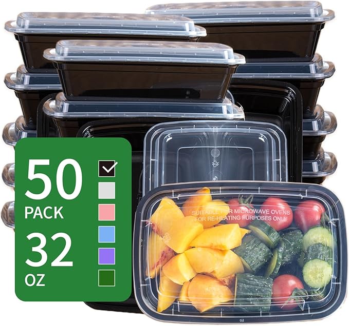 50 Pack (100-Piece) 32 oz Meal Prep Containers Reusable with Lids, Sturdy Leakproof & Food Safe, Microwave, Freezer, Dishwasher Safe Prep Containers, To Go Take Out Plastic Food Storage