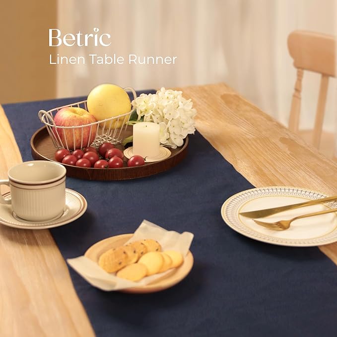 Small Coffee Farmhouse Table Runner for Fall, Thanksgiving, Christmas, and Winter - Athena - 100% Pure Linen - 14 x 48 Inches - Navy