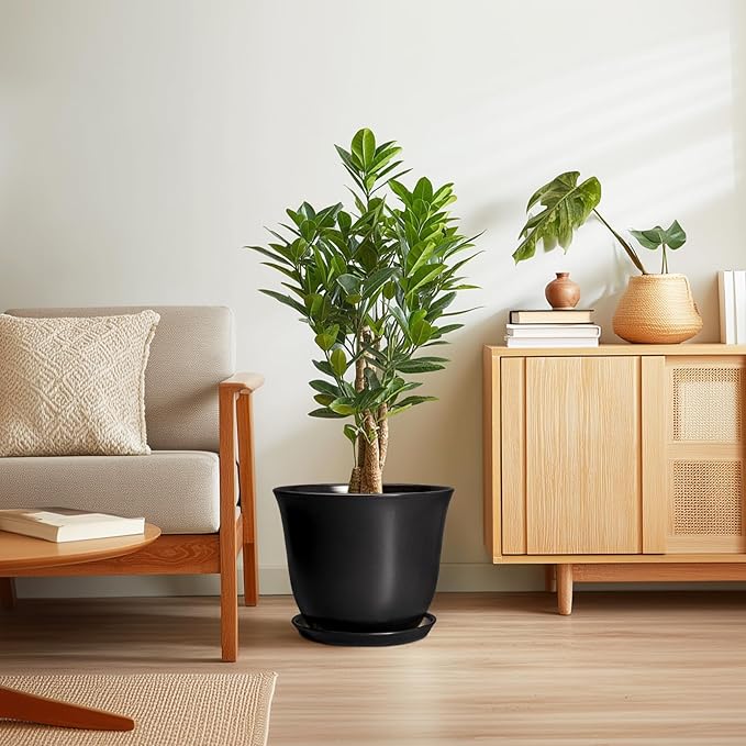 Ceramic Plant Pots - 12 Inch Plant Pot for Indoor Plants Outdoor, Large Planter with Drainage Hole and Saucer, Round Planters, Modern Flower Pot, Garden Patio Home Decor, Garden Gift, Black