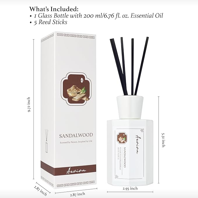 Reed Diffuser Set, Sandalwood Scented Oil Diffuser, 6.76 fl oz (200 ml) Home Fragrance Diffuser with Reed Sticks, Air Fresheners for Home, Bathroom Shelf Decor
