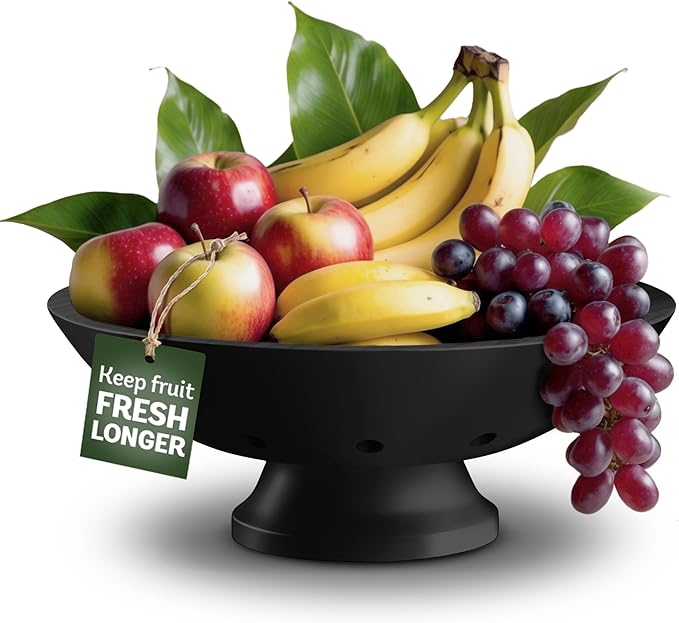 Black Wooden Fruit Bowl - Large Decorative Pedestal Bowl for Kitchen Counter & Dining Table Centerpiece, Modern Bamboo Serving Bowl for Fruits, Salads, Snacks, Keys, Bread, Entryway or Home Decor Gift