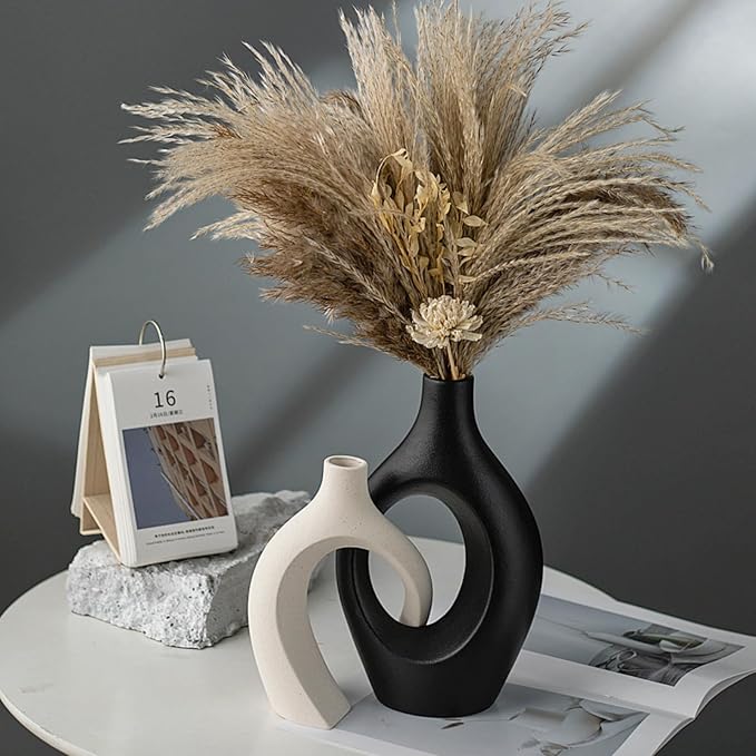 XL Black and Beige Snuggle Hollow Ceramic Vase of 2 for Coffee Table Decor, Modern Minimalist Aesthetic Donut Floral Vases, for Home Living Room Entryway Table Shelves Decorative (W 6.8" X H 11")