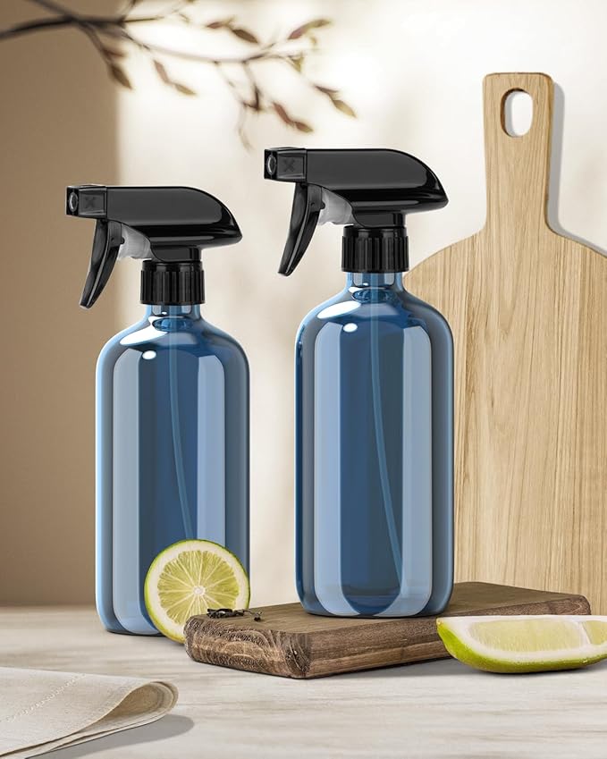 Glass Spray Bottle, Indigo Blue Glass Spray Bottle Set & Accessories Refillable for Plants Window Cleaners Aromatherapy Facial Hydration Watering Flowers Hair Care (2 Pack/16 oz)(Indigo)
