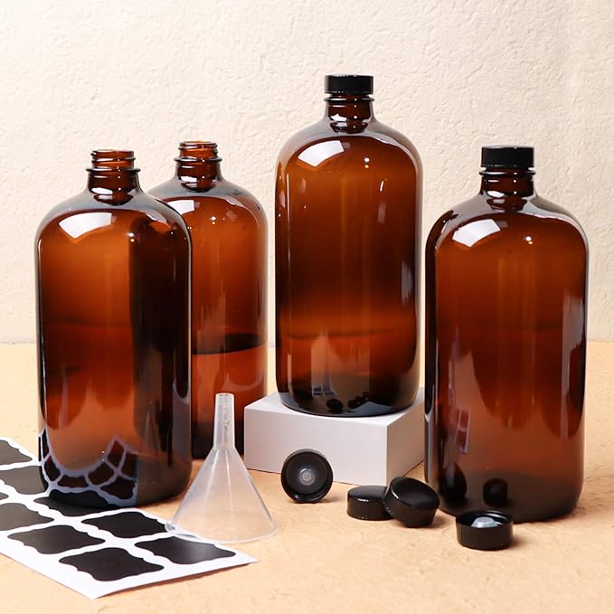 4 Pack 32 oz Amber Boston Round Glass Bottles with Black Caps for Secondary Kombucha Fermentation and Lab Chemicals (1 Funnel and 10 Pieces Black Chalkboard Labels Included)
