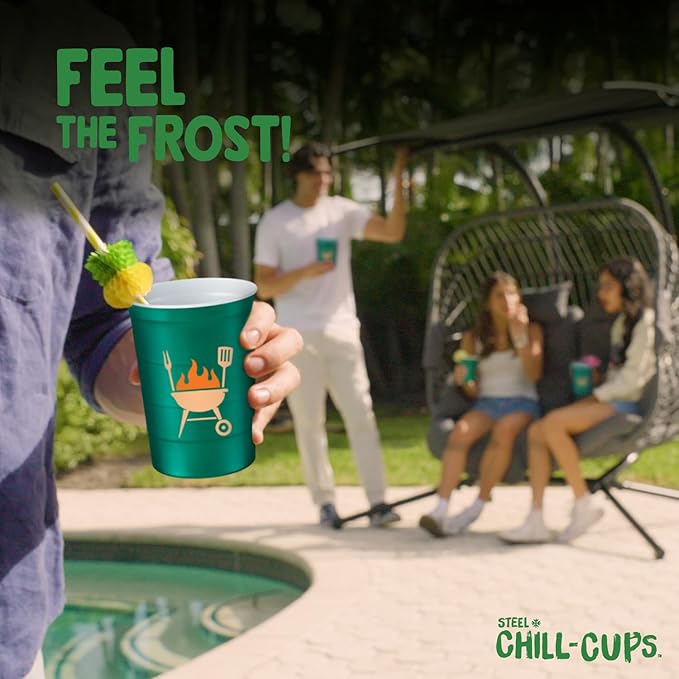 16 oz. Party Cup Summer BBQ Grill Picnic Design for Cold Drinks, Sturdy, Durable, Disposable, Recyclable, Made in USA, Green 12 Count