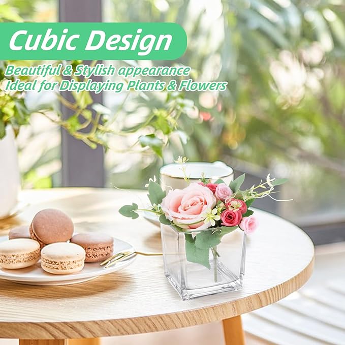 6 Pack 3 x 3 x 3 Inch Square Glass Vases, Clear Square Vases for Centerpiece, Cube Flower Vase for Candle Holder Events Wedding Party Home Decoration