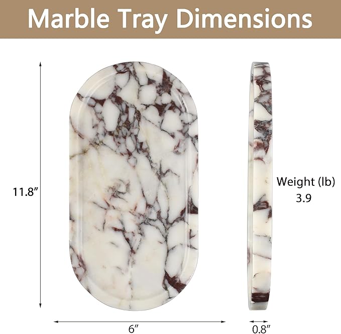 100% Real Natural Marble Tray for Bathroom, Luxury Calacatta Viola Stone Vanity Tray, Decorative Oval Trays for Countertop Storage Organizer, Dresser, Kitchen, Home Decor, 11.8" x 6", Purple