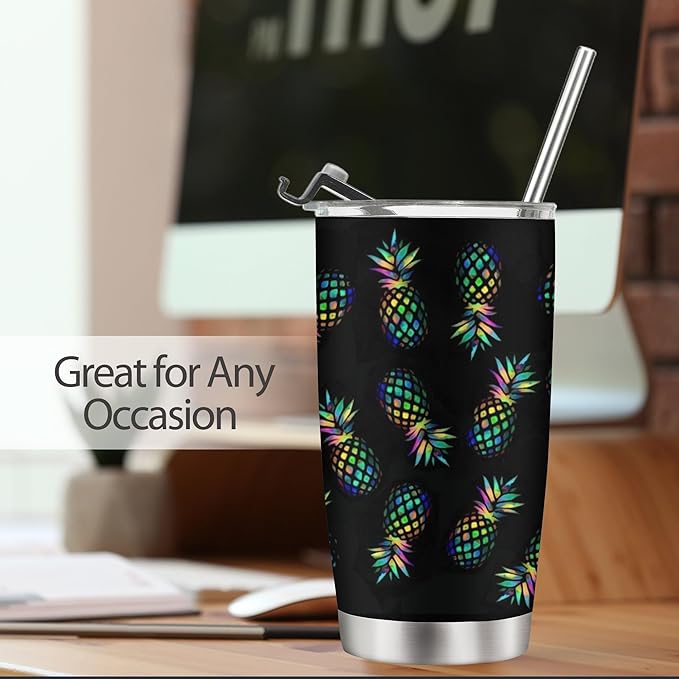 20 oz Pineapple Insulated Tumblers with Straw and Lid, Hawaiian Style Reusable Stainless Steel Coffee Cup Travel Mug for Hot and Cold Drinks Pineapple Gift