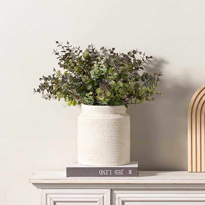 Ceramic Flower Vase 7.5 inch Farmhouse Rustic Vase for Home Decor Handcrafted Pottery Terracotta Vases for Dining Table Decor Fireplace Living Room Bathroom Wedding Centerpiece (01-White)