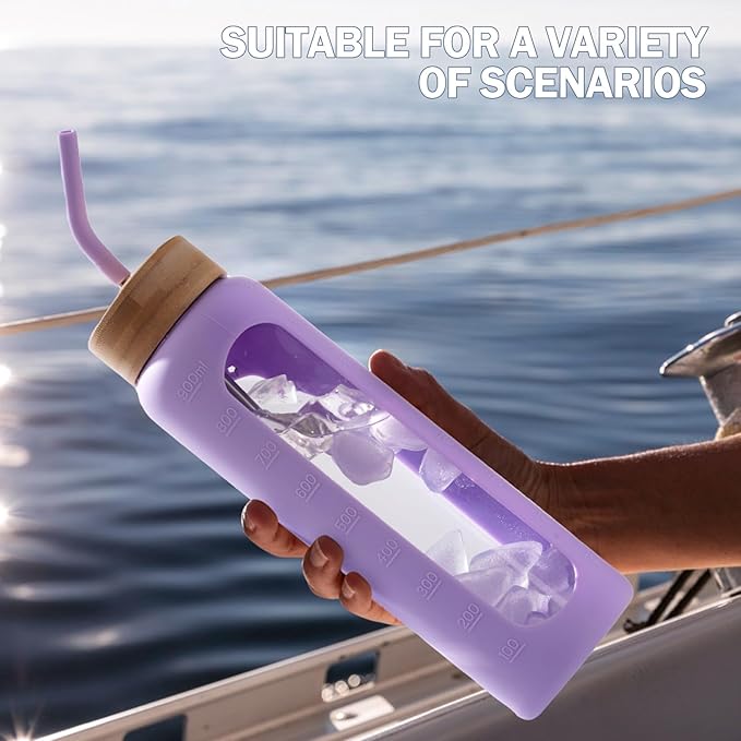 32oz Glass Water Bottle with Straw and 2 Lids- Bamboo and Spout Lid,Motivational Sports Water Bottle with Silicone Sleeve and Time Marker,Reusable for Gym, Outdoors, Purple