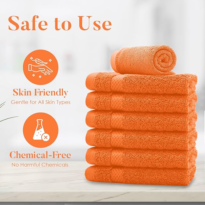 DAN RIVER 12-Pack Premium 100% Cotton Orange Face Towels – Reusable Face Towel Set, Soft & Absorbent Luxury WashCloths for Bathroom & Body – Hand and Face Towels, 550 GSM (12x12 in)
