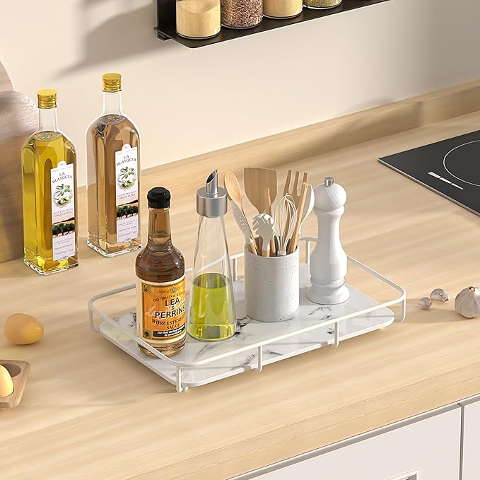 Bathroom Organizer Countertop Perfume Organizer Makeup Organizer Cosmetics Storage Display Rack Vanity Tray Dresser Stainless Steel Gold Shelf White Marble Ceramic Tray