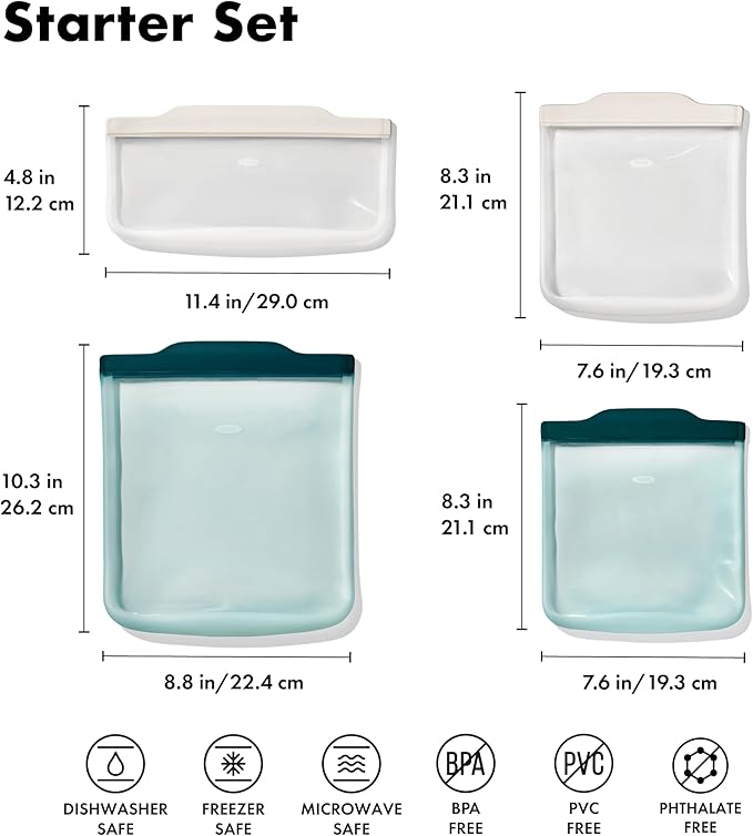 OXO Good Grips Silicone Reusable Bags – 4 Piece Starter Set - Oat/Lagoon