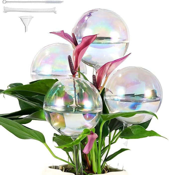 4PCS Extra Large Plant Watering Globes 13 oz Up to 2 Weeks, Light Iridescent Glass Self Water Bulbs for Indoor Outdoor Plants, Vacation Automatic Planter Waterer System Self-Watering Stakes