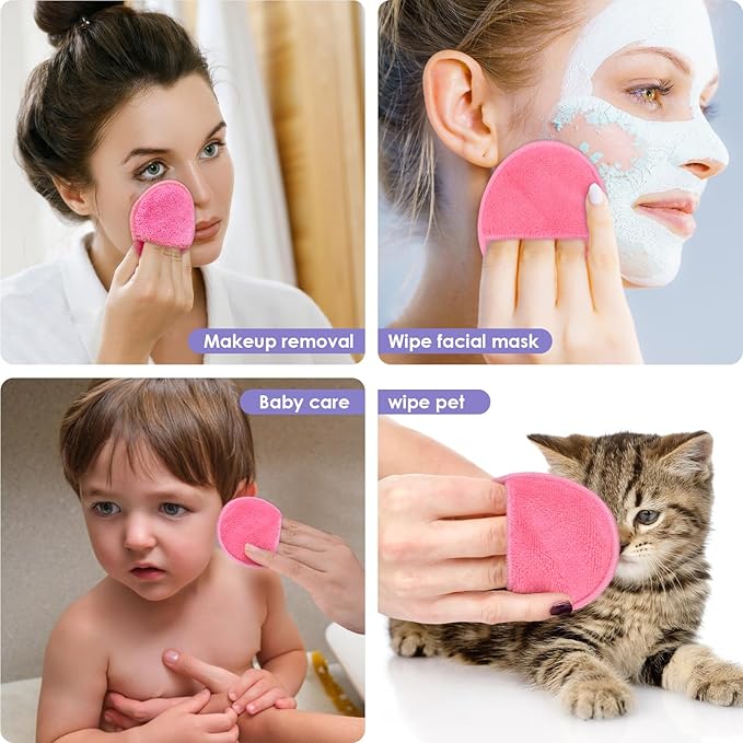 SUNLAND Reusable Makeup Remover Pads for Face,Eye,Lips 16 Pack Microfiber Face Cleansing Gloves Washable with Laundry Bag and Travel Bag Rounds Toner Pads(Round 3.15inchx16 Pink)