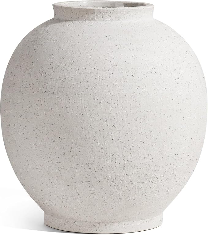 White Ceramic Vase - Large 12.5 Inch Round Floor Vase for Centerpieces, Farmhouse Rustic Minimalist Home Decor (Sandstone White)