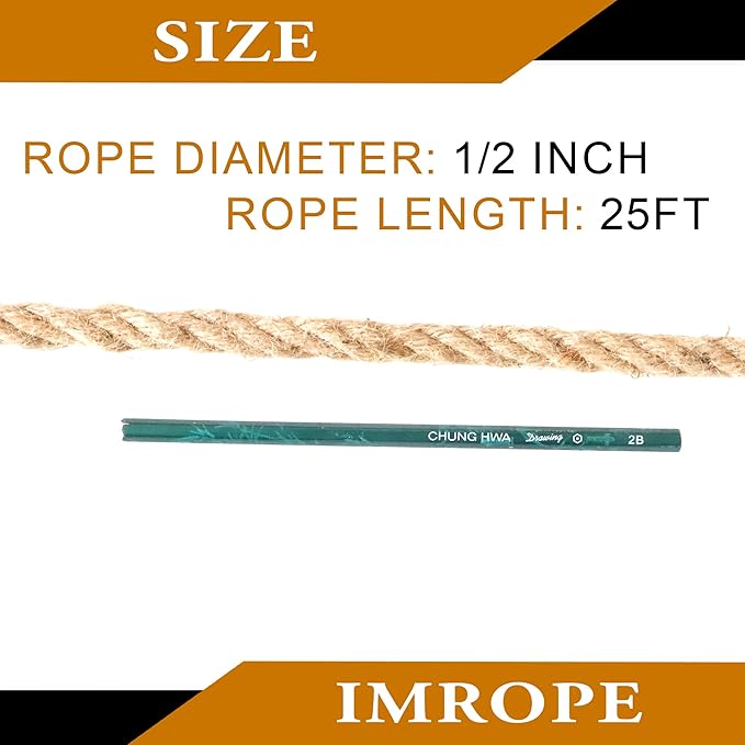 1/2 Inch Diameter Jute Rope, IMROPE Natural Jute Rope Twisted 4 Strands 25 Ft for DIY Arts Crafts, Garden, Home Decorating, Hammock for Indoor and Outdoor Use