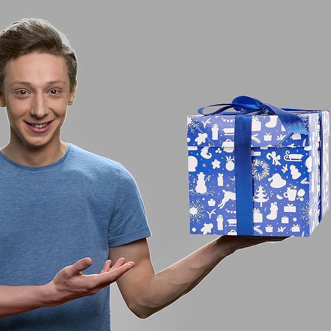 Jaywayang 5 Pack Blue Christmas Gift Boxes with Lids, Ribbons and Tissue Papers Square Gift Boxes - 7.1 Inch - Presents Wrapping Christmas Gift Holiday New Year Party Favor Boxes.