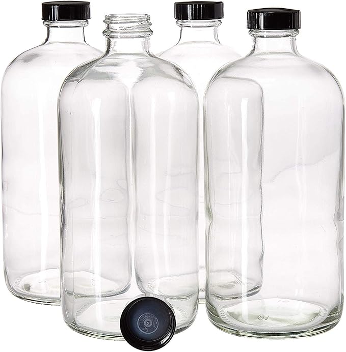 kitchentoolz 4 Pack - 32oz Boston Round Clear Glass Growler - with Phenolic Poly Cone Insert Caps - Tight Seal for Secondary Kombucha Fermentation