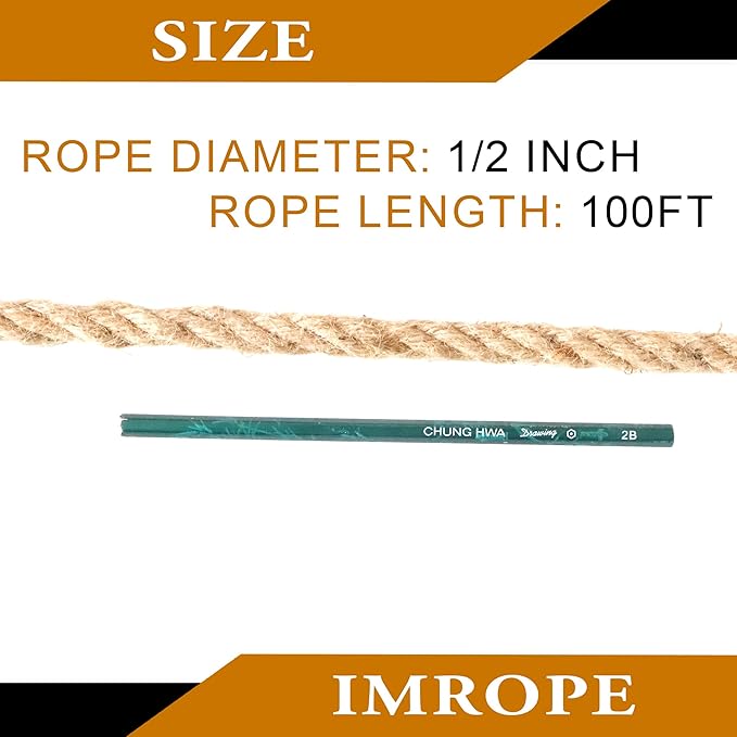 1/2 Inch Diameter Jute Rope, IMROPE Natural Jute Rope 100 Ft, Twisted 4 Strands for DIY Arts Crafts, Garden, Home Decorating, Hammock for Indoor and Outdoor Use