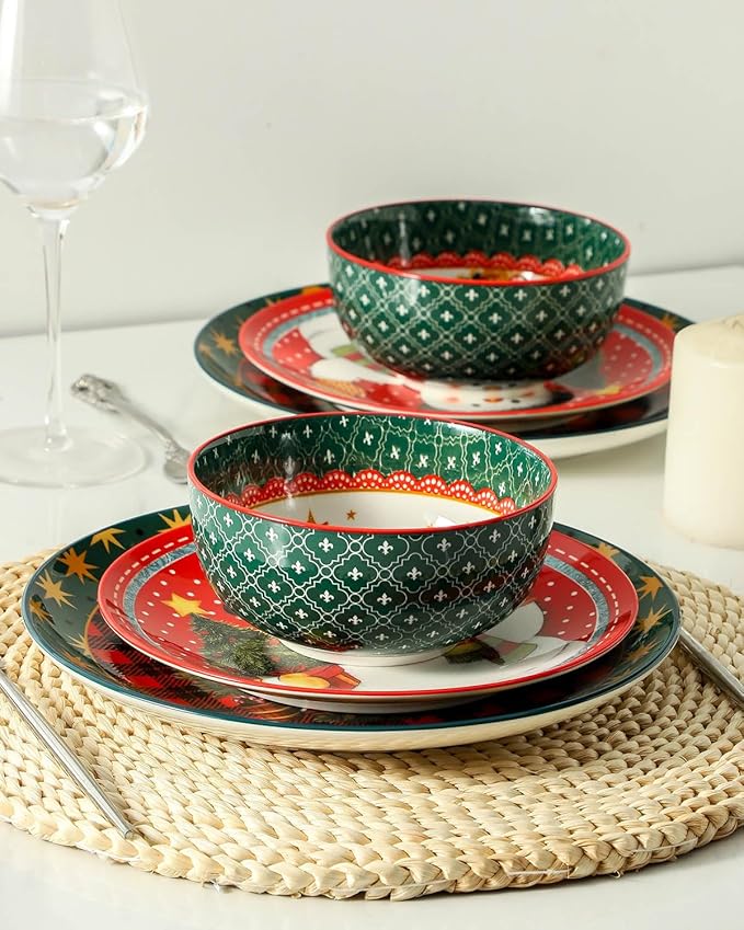 HASENSE 18 Pieces Dinnerware Sets Service for 6, Christmas Plates and Bowls Set, Ceramic Chip Resistant Tableware Dishes Set, Scratch Resistant Microwave and Dishwasher Safe, Multicolor